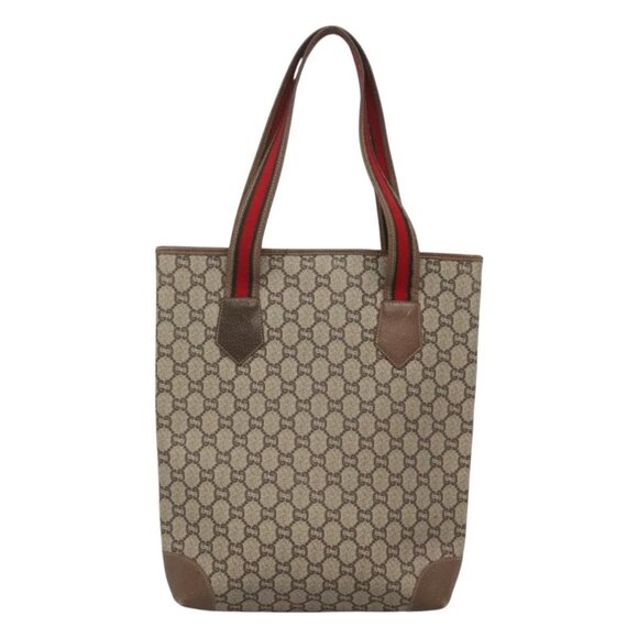 GUCCI GG Plus Supreme Web Sherry Line Tote Bag PVC Beige Red Auth bs26416 - Picture 3 of 16